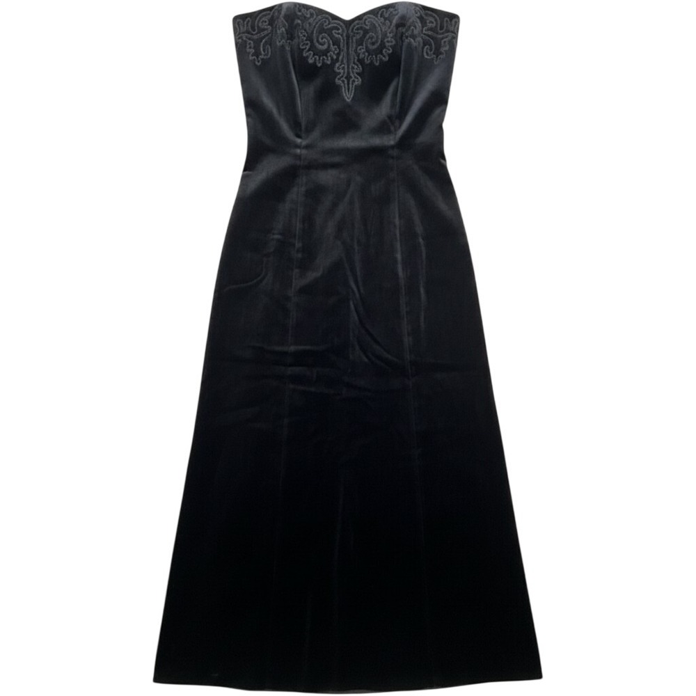 1990s Laura Ashley Black Velvet Strapless Embroidered Gown Formal Dress Size 4